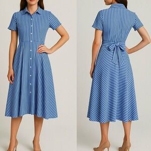 Ivy + Blu Striped Shirt Dress Fit & Flare handkerchief hem Cotton Blue White 10‎